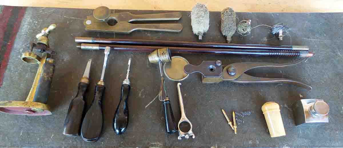 Reloading accessories for the author’s 10-bore double rifle.